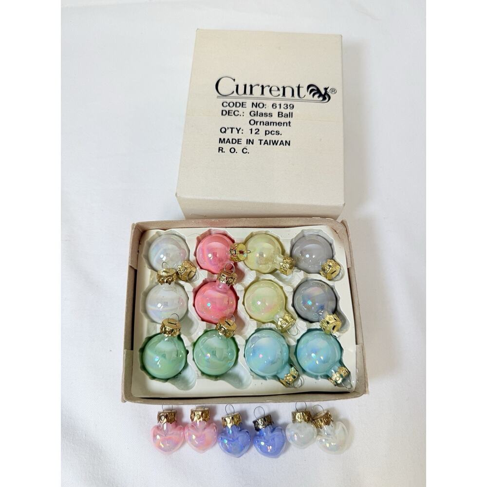 Rare Vtg 80’s Current Miniature Pastel 12 Balls & 6 Hearts Holiday Ornaments